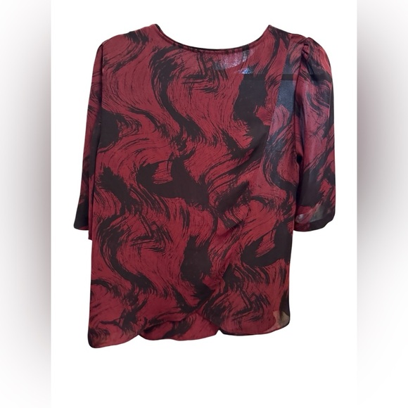 REISS Maroon/Black Polyester Abstract Print Round Neck 3/4 Sleeve Blouse - Picture 7 of 8